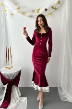 Toptan Bordo Alt Eteği Volanlı Kadife Elbise