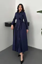 Toptan Lacivert Düğmeli Poplin Elbise