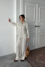 Toptan Mavi Çizgili Saten Takım