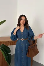 Toptan Mavi Balon Kol Kot Elbise