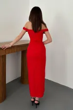 Toptan Kırmızı Madonna Yaka Güllü Elbise