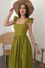 Toptan Fıstık Yeşili Dantelli Brode Elbise