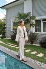 Toptan Bej Fiyonklu Keten Takım