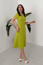 Toptan Yeşil Basic Fitilli Midi Elbise