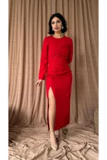 Robe longue fendue plissée rouge en gros