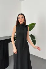 Toptan Siyah Yaka Fiyonklu Uzun Elbise