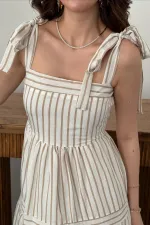 Toptan Bej Omuzdan Bağlamalı Çizgili Elbise