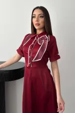 Toptan Bordo Fular Detaylı Saten Elbise