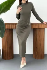 Toptan Haki Beli Tokalı Elbise