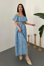 Wholesale Baby Blue Elastic Shoulder Embroidered Dress
