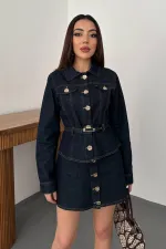 Toptan Mavi Gold Düğmeli Kot Ceket Ve Etek Takım