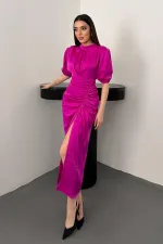 Toptan Koyu Fuşya Büzgülü Saten Elbise