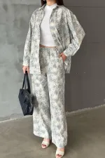 Ensemble veste et pantalon en lin gris à motif léopard en gros