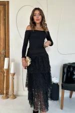 Jupe superposée en dentelle noire en gros