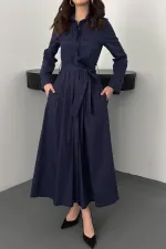 Toptan Lacivert Düğmeli Poplin Elbise