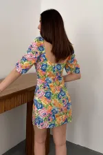 Toptan Oranj Boyundan Bağlamalı Desenli Elbise