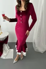Toptan Bordo Alt Eteği Volanlı Kadife Elbise