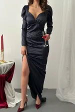 Toptan Lacivert Göğsü Kuplu Yırtmaçlı Elbise