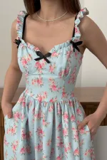 Toptan Bebe Mavi Önü Fiyonklu Çiçekli Elbise