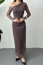 Toptan Kahverengi Ekose Desen Tül Elbise