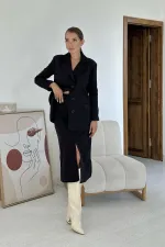 Toptan Siyah Düğmeli Ceket Ve Etek Takım