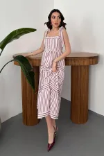 Toptan Bordo Omuzdan Bağlamalı Çizgili Elbise