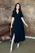 Toptan Siyah Kruvaze Yaka Müslin Keten Elbise