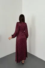 Toptan Bordo Saten Puantiyeli Dantel Detaylı Elbise