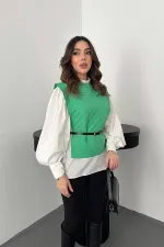 Toptan Yeşil Kemerli Gömlek Ve Panço Takım