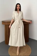 Toptan Bej Salaş Keten Elbise