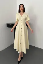 Toptan Sarı Düğmeli Midi Boy Poplin Elbise