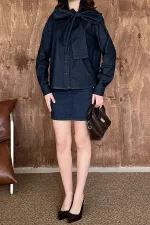 Toptan Mavi Fularlı Gömlekli Etek Takım