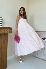 Robe en mousseline rayée rose à bretelles en gros