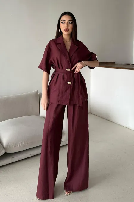 Toptan Bordo Keten Gömlekli Takım