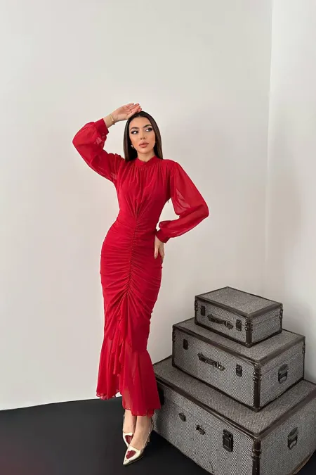 Robe en mousseline plissée rouge en gros