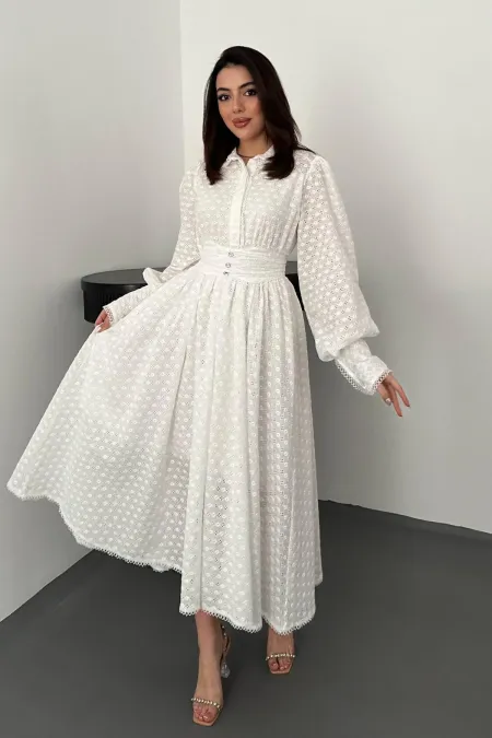 Toptan Beyaz Brode Kemerli Fisto Elbise