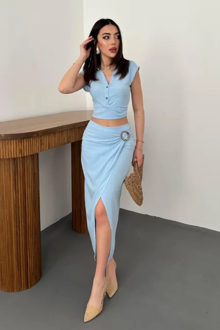 Toptan Bebe Mavi Keten Gömlek Ve Etek Takım