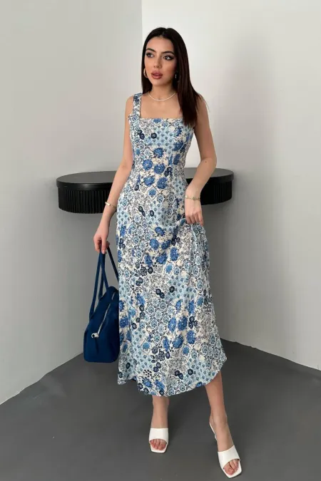 Toptan Mavi Çiçekli Viskon Elbise
