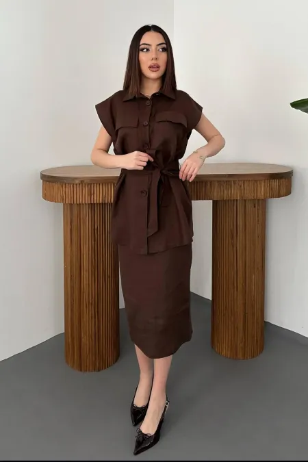 Toptan Kahverengi Cepli Gömlek Ve Etek Takım