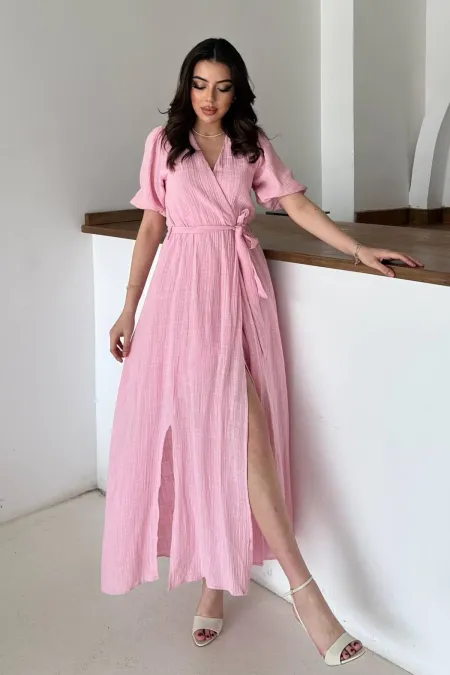 Toptan Pembe Kruvaze Yaka Müslin Keten Elbise