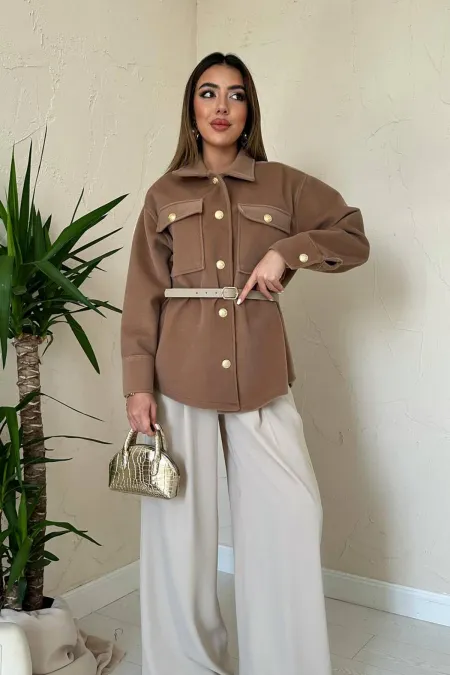 Toptan Camel Kaşe Gold Düğmeli Gömlek