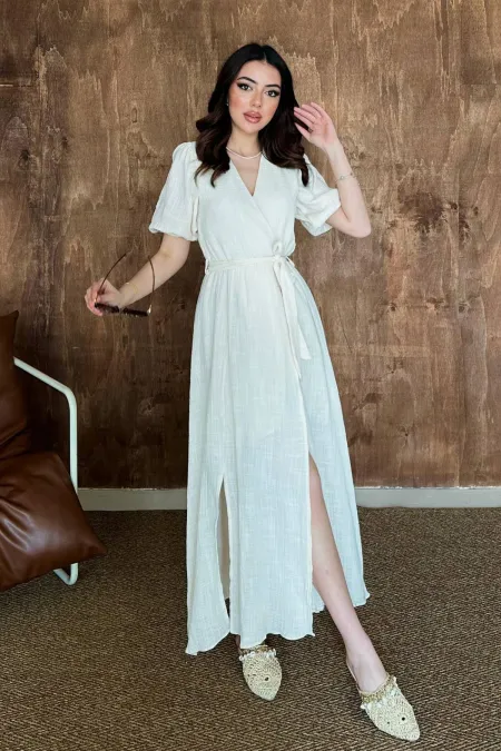 Toptan Bej Kruvaze Yaka Müslin Keten Elbise