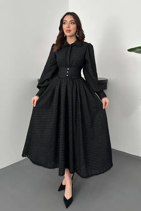 Toptan Siyah Brode Kemerli Fisto Elbise