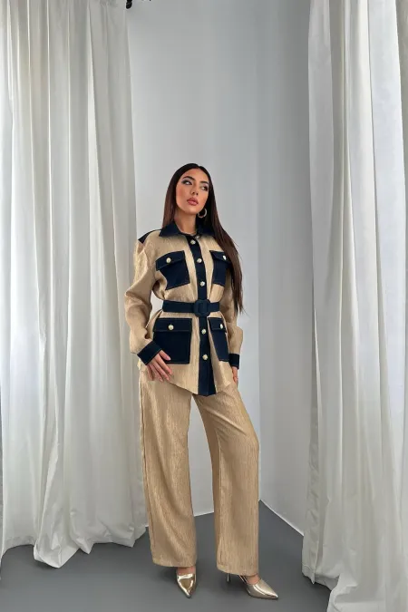 Ensemble chemise et pantalon jaune à poches ornées, en gros