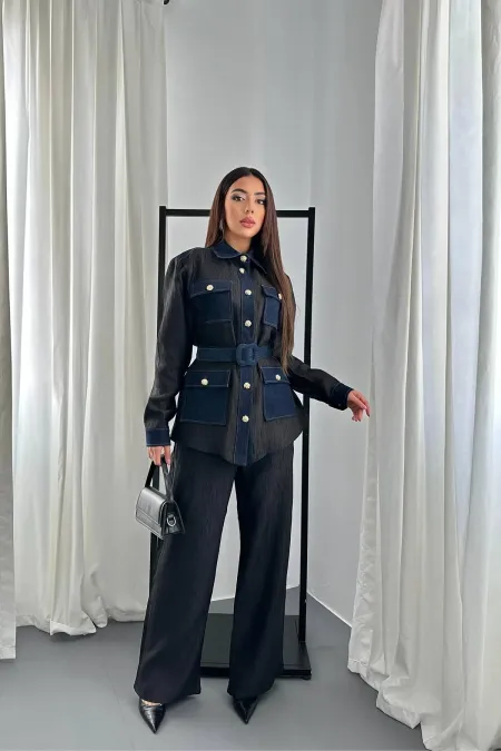 Ensemble chemise et pantalon à poches noires garnies en gros