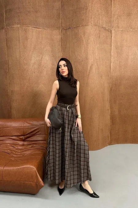 Toptan Kahverengi Ekose Etek