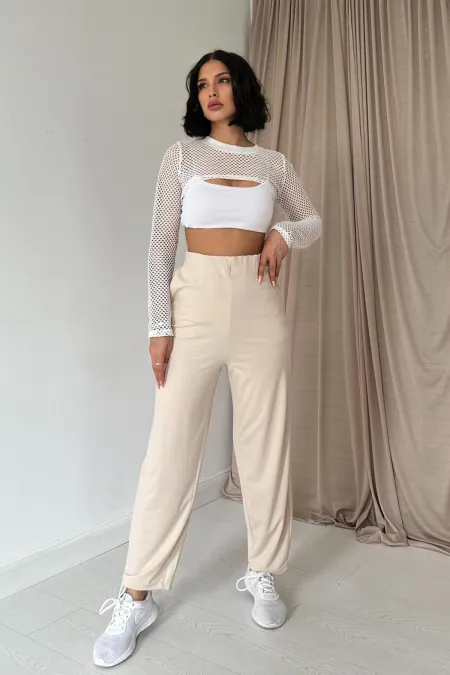 Pantalon beige à pinces et élastiques en gros