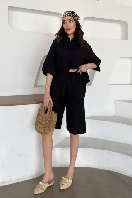 Ensemble chemise et short en lin noir à manches courtes en gros