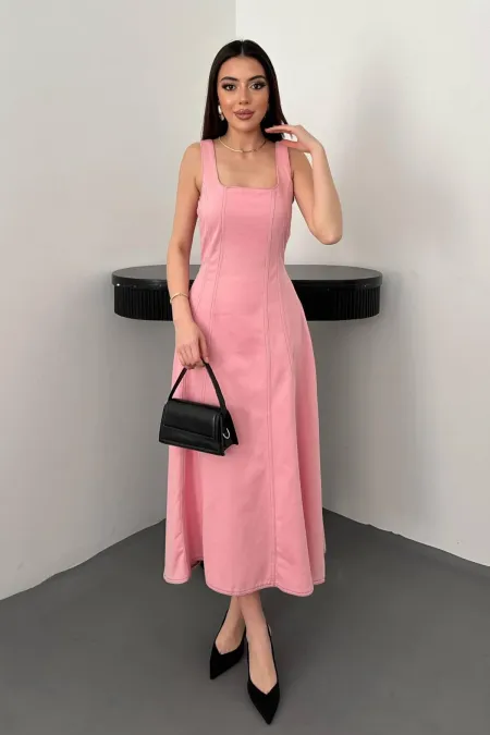 Toptan Pembe Çift Dikişli Gabardin Elbise
