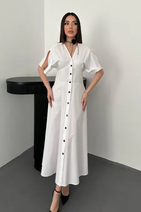 Toptan Beyaz Düğmeli Midi Boy Poplin Elbise